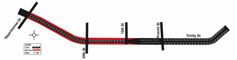 Illustrated map of Trinity Drive that highlights work from Oppenheimer through 15th and toward Knecht.