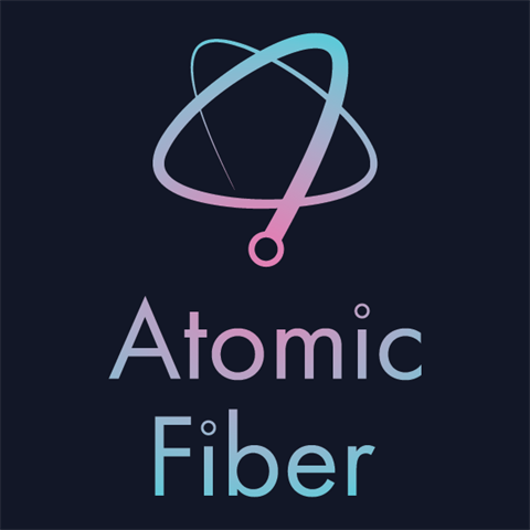 Logo of Atomic Fiber: a small particle zooms in a star pattern with on a dark blue background