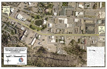 Satellite image of downtown Los Alamos showing the construction area along Trinity Drive