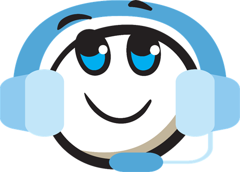 Smiling cartoon face inside a blue phone headset