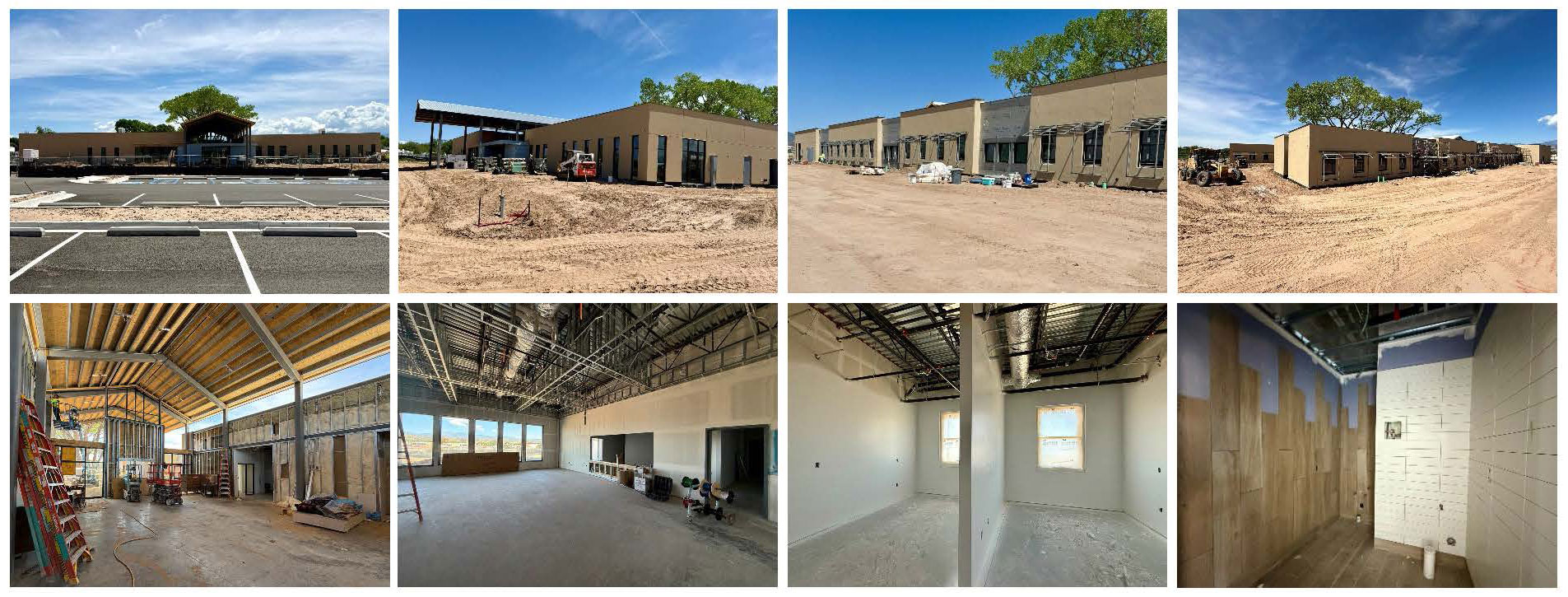 A series of eight construction photographs showing different parts of a building being built. Four exterior and four interior shots.